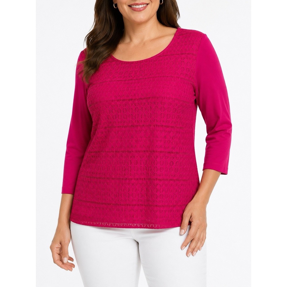 Croft & Barrow M Pink Lace Scoop‎ Neck 3/4 Sleeve Stretch Blouse Top